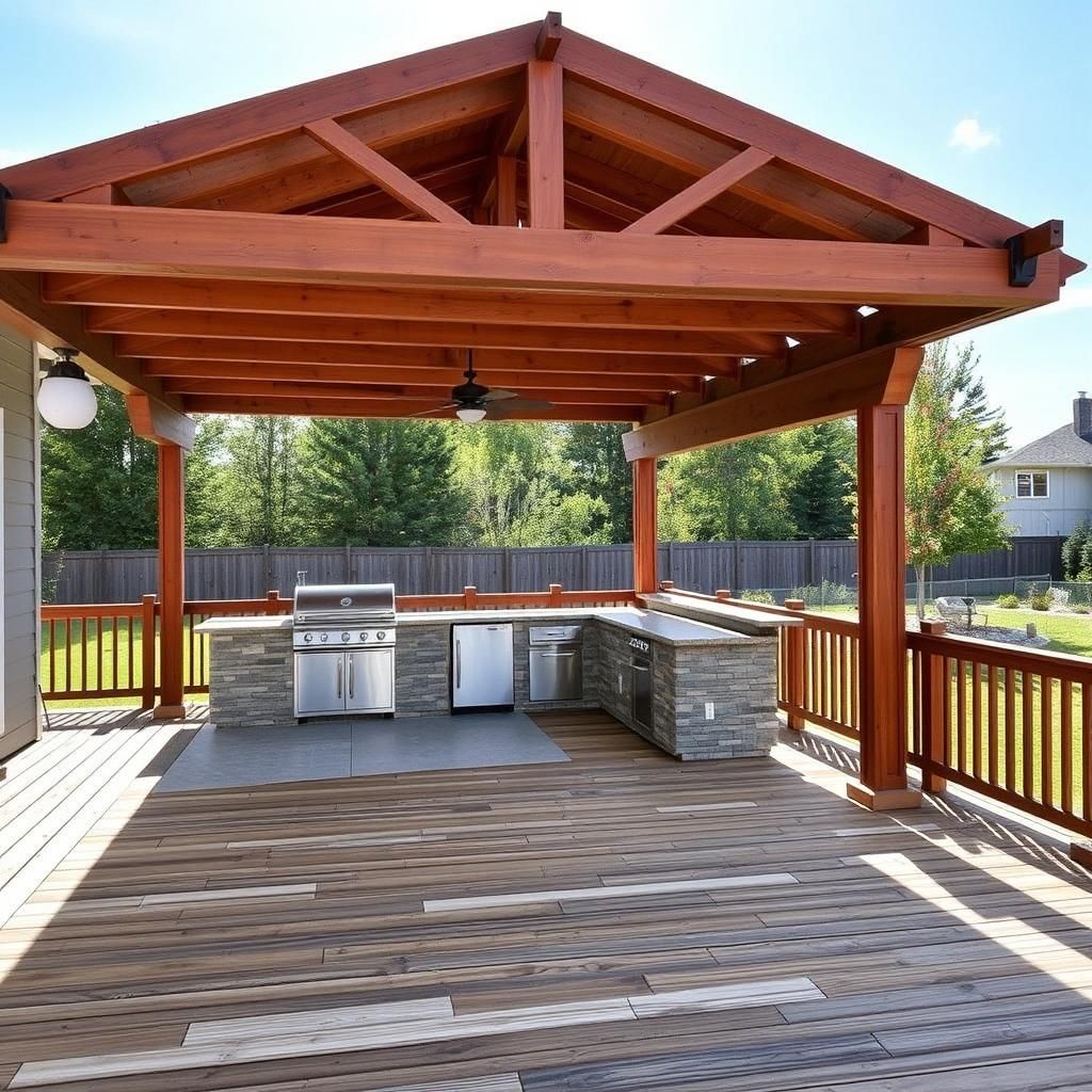 Large deck with a pergola and outdoor kitchen