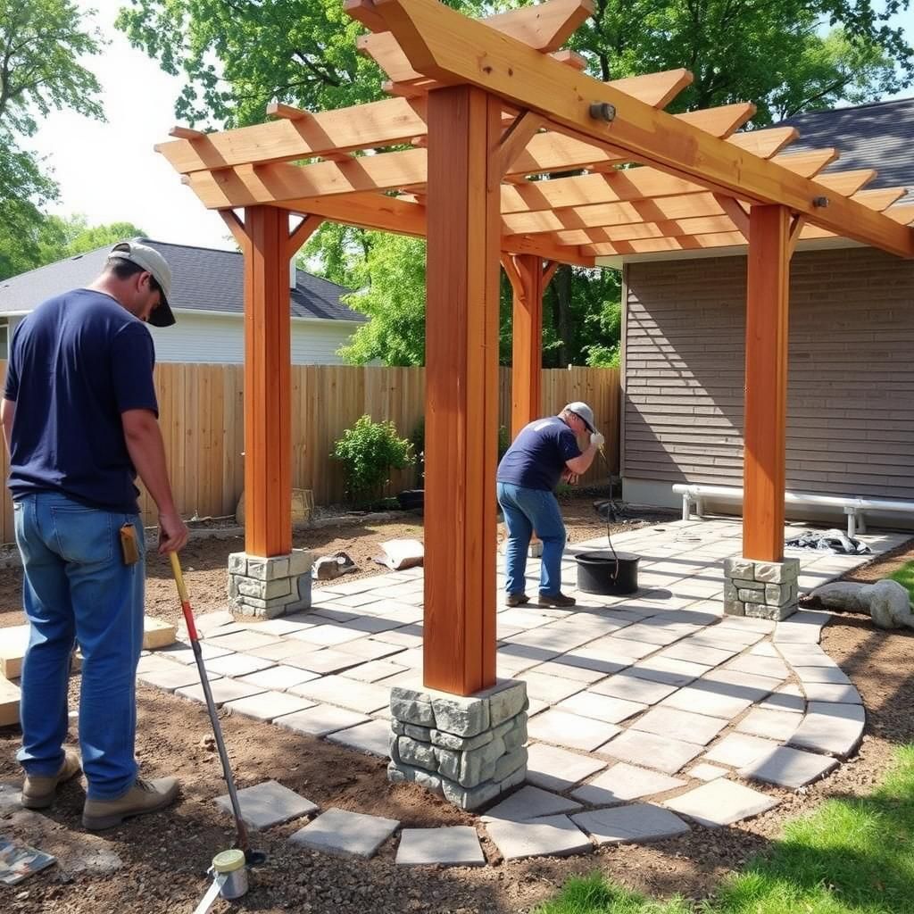 laying patio stones around pergola posts