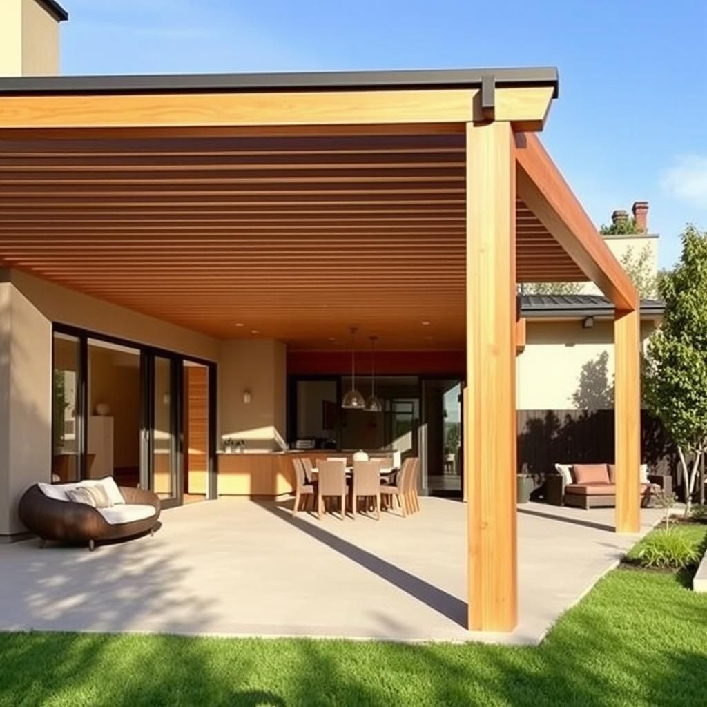 Modern linx pergola attached to a house, creating an outdoor living room