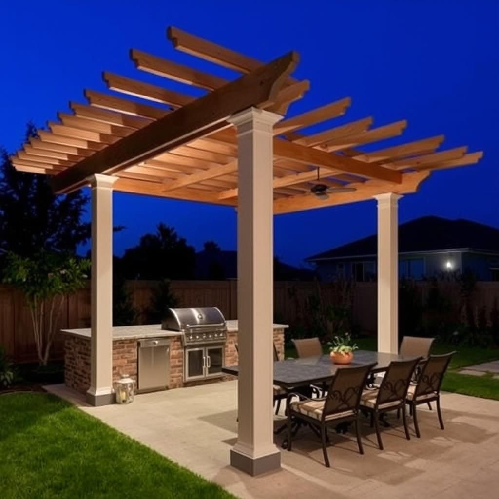 Outdoor kitchen and dining area under a linx pergola