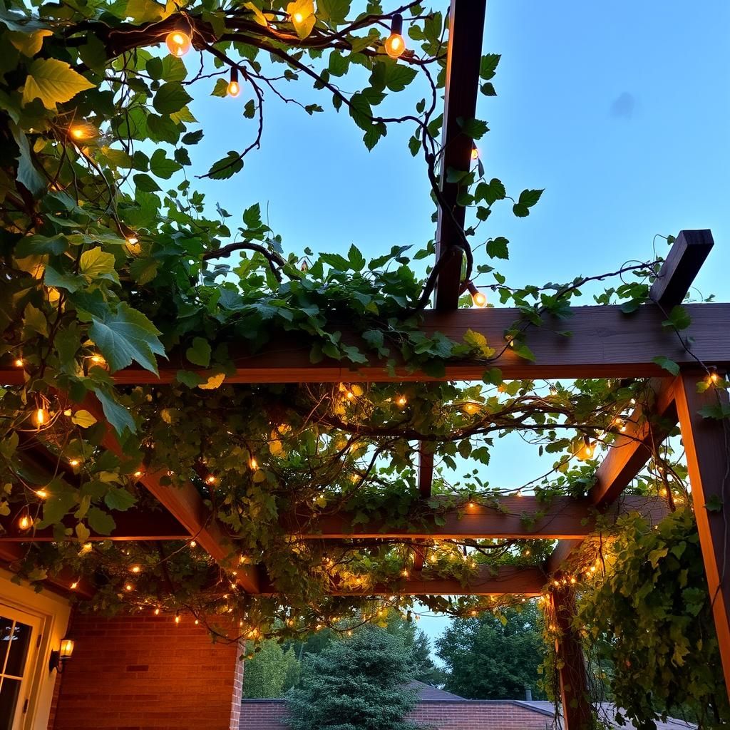 Linx pergola adorned with climbing vines and warm lighting 