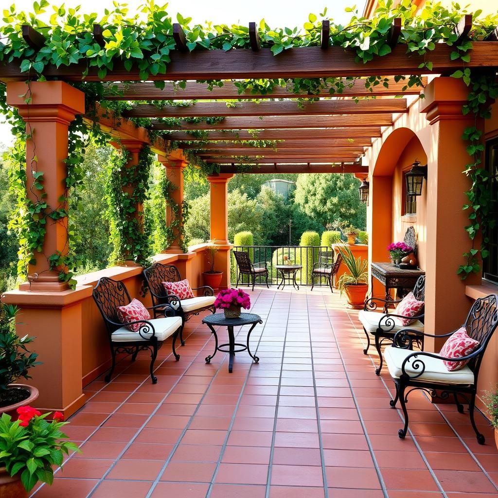 Mediterranean style deck with pergola