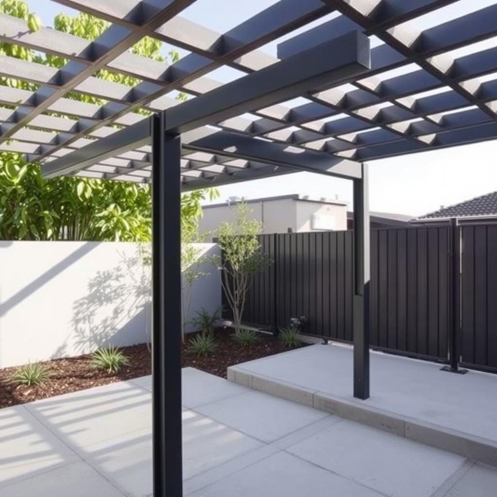 Modern metal pergola in a contemporary garden