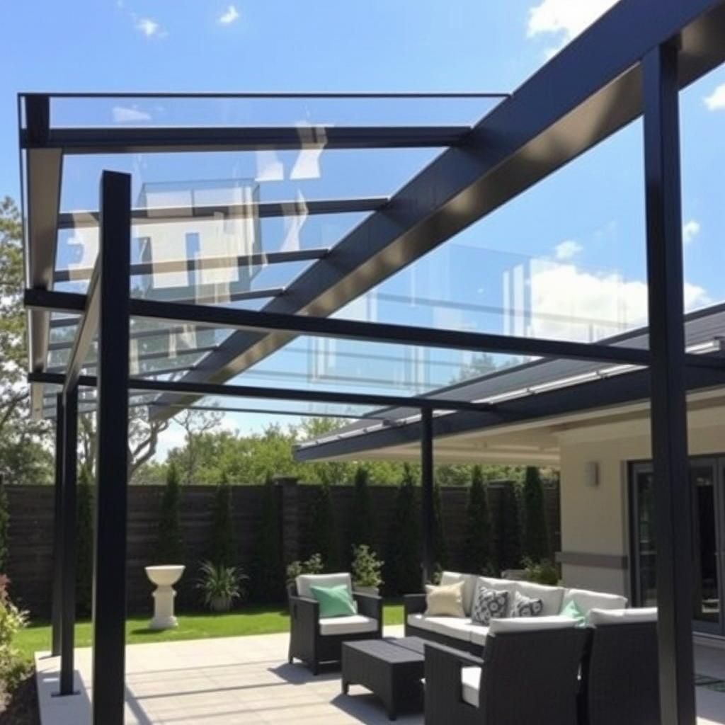 Modern pergola roof with clear polycarbonate panels