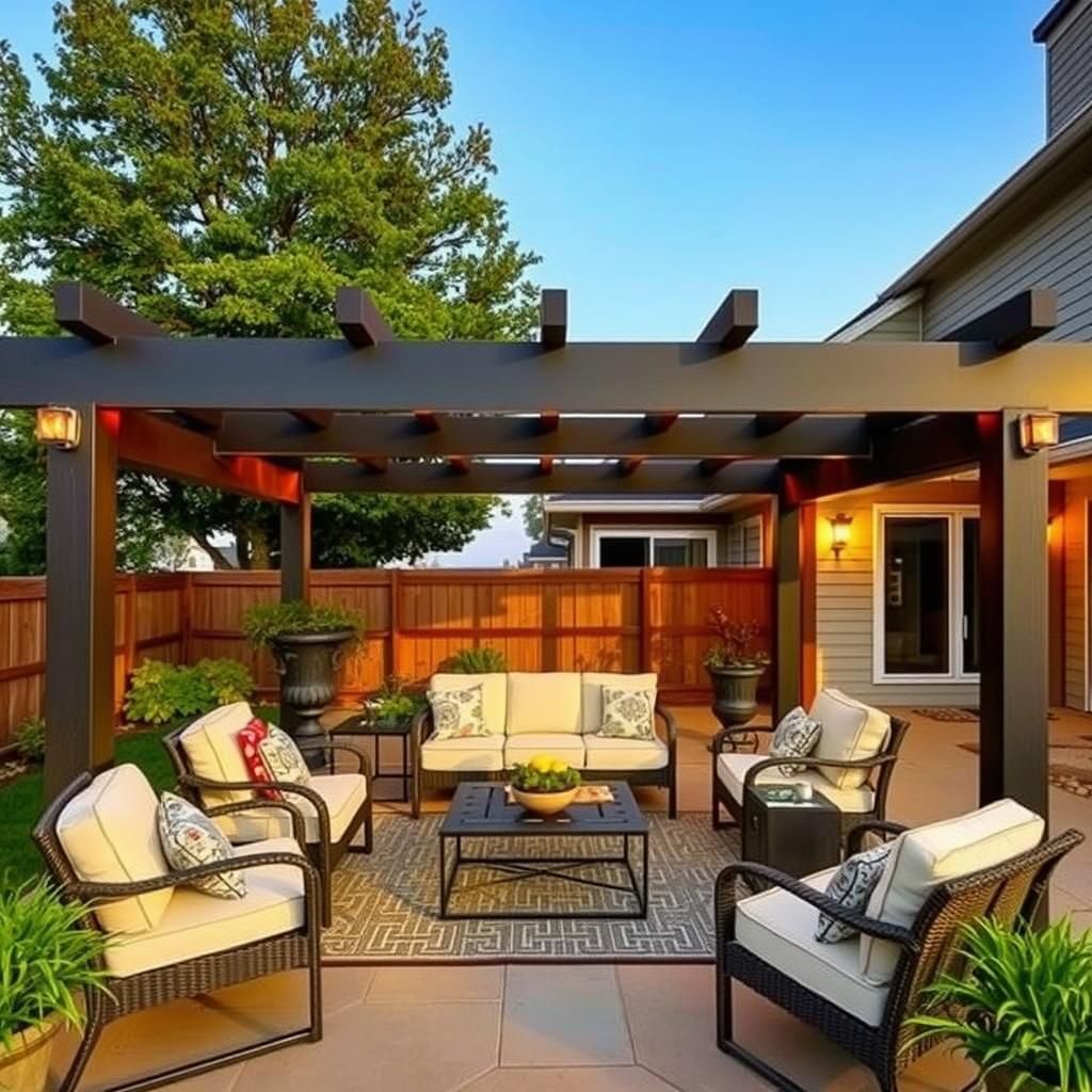 Modern Attached Pergola with Lounge Furniture