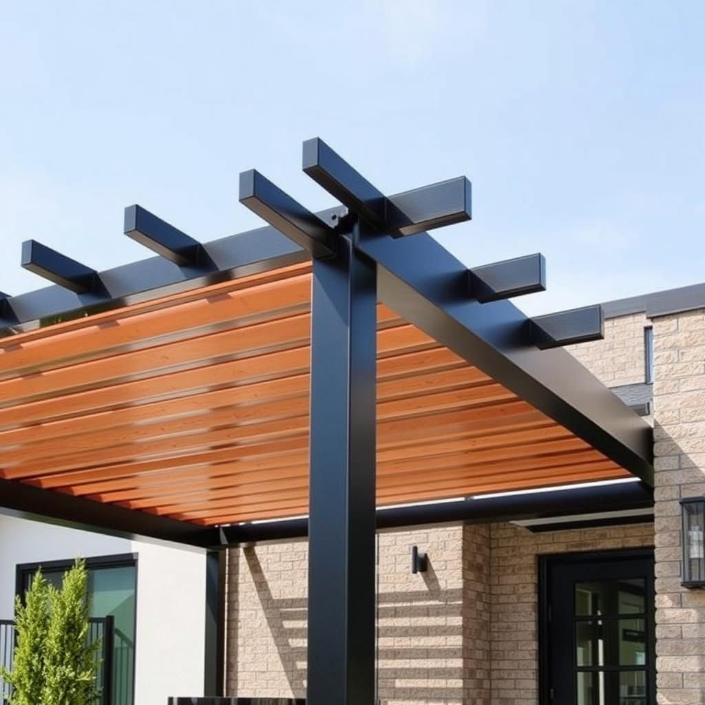 Modern Attached Pergola with Metal Accents