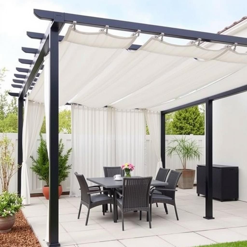 A modern detached pergola creates a chic outdoor dining area