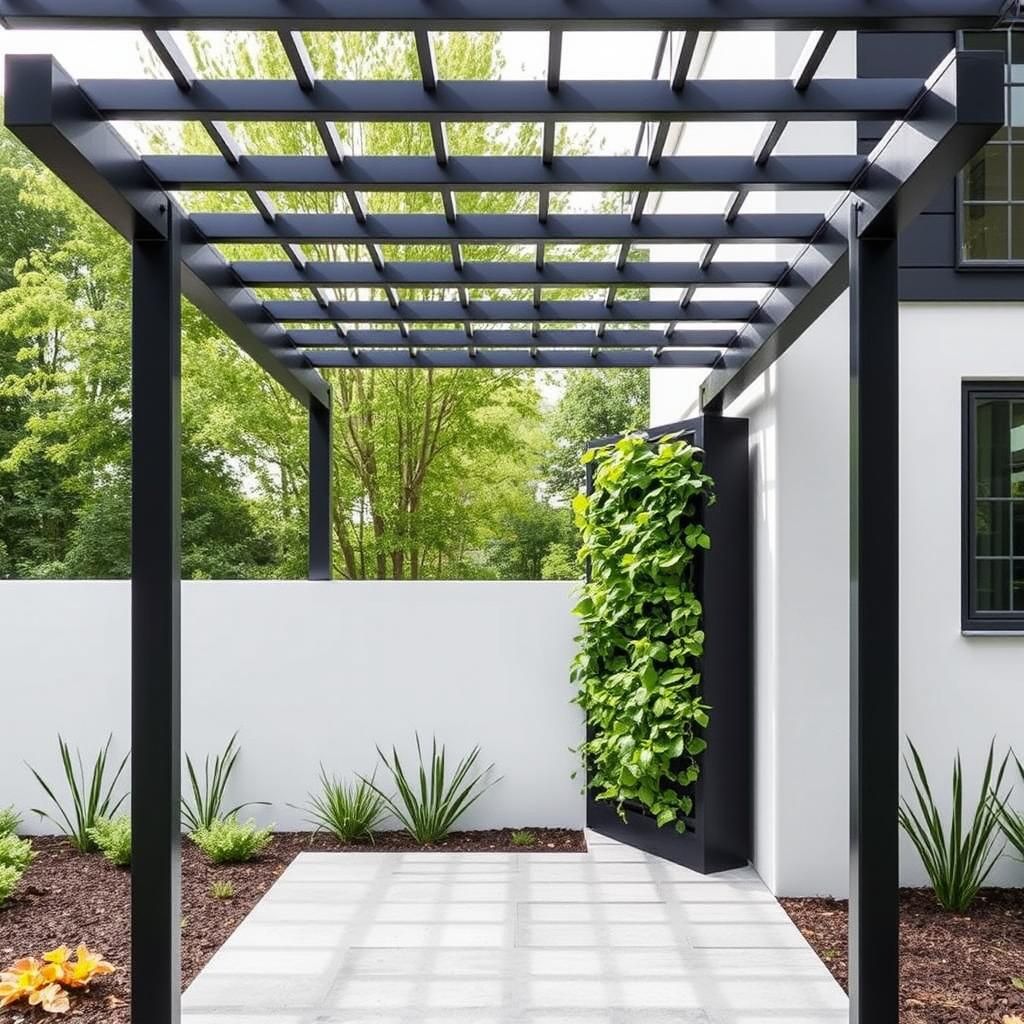 Modern entry pergola accentuated with a vibrant vertical garden