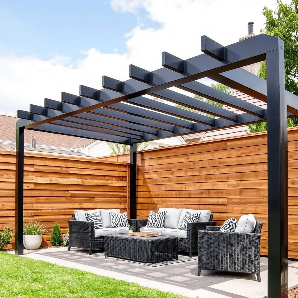 A modern fence pergola with comfortable outdoor furniture