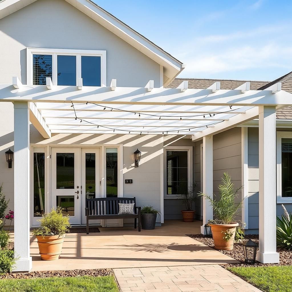 Modern home with pergola over entryway