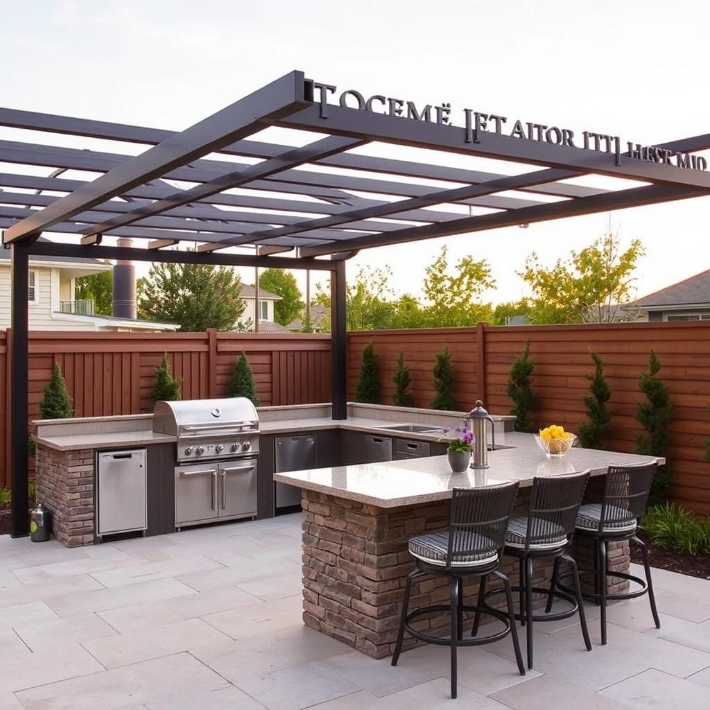 Modern Iron Pergola With Outdoor Kitchen