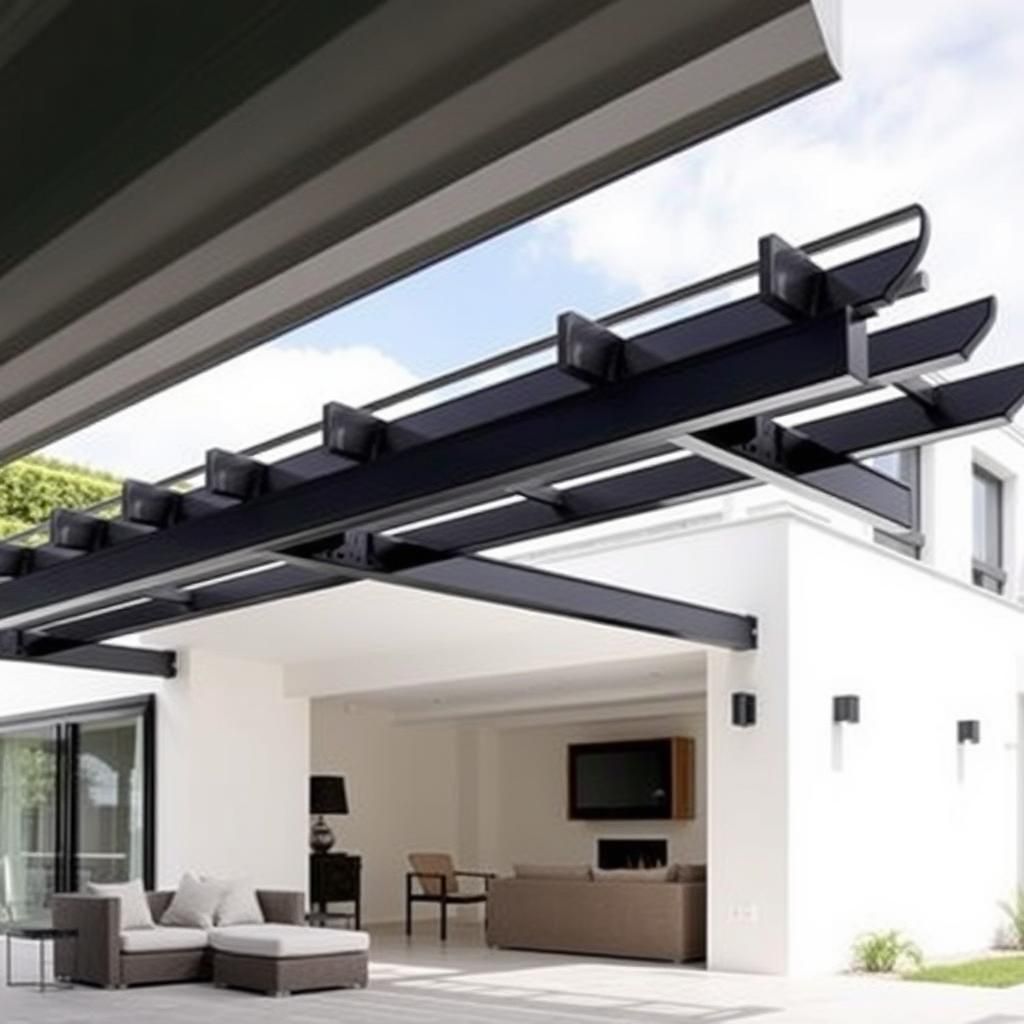 Modern minimalist steel frame pergola extending from living room