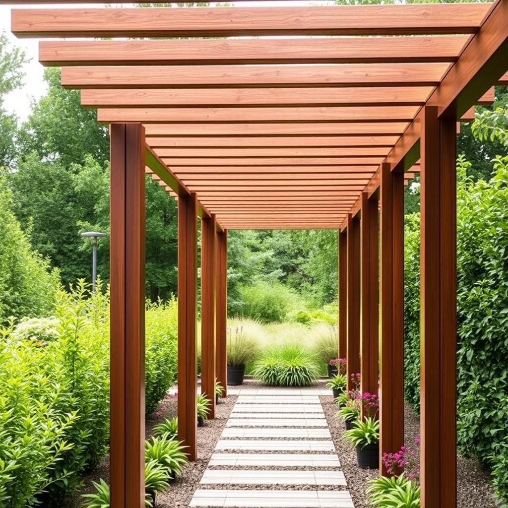 Modern pergola pathway with wooden beams