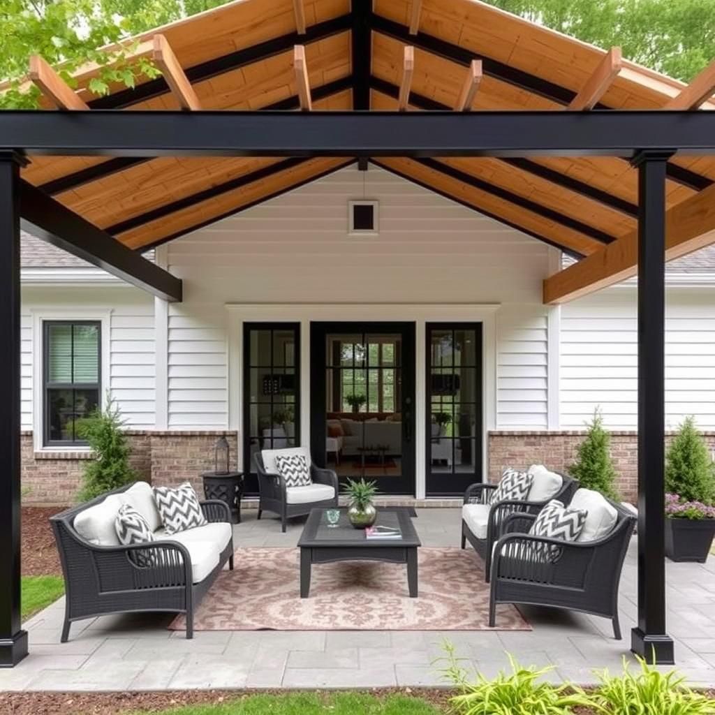 Modern Black Metal Pergola Defining Outdoor Living Space