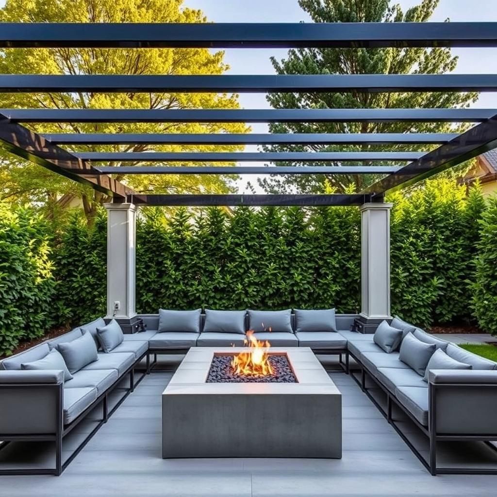 Modern pergola seating area with fire pit