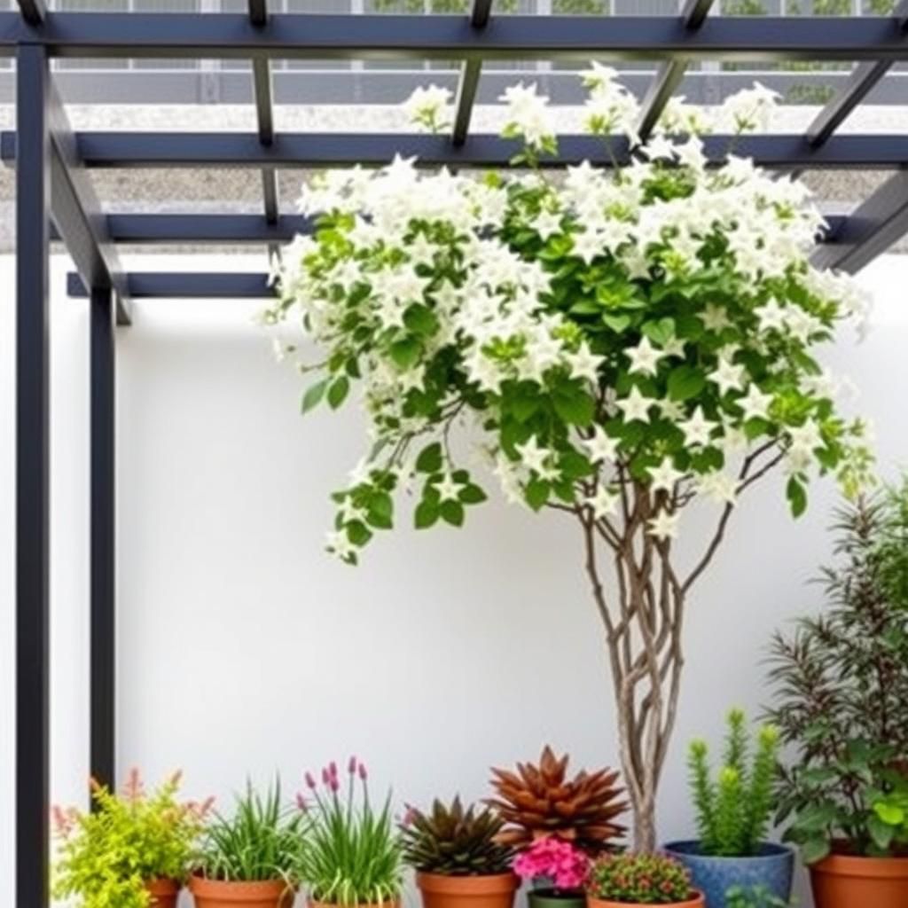 Sleek metal pergola intertwined with fragrant jasmine and accented by vibrant potted plants