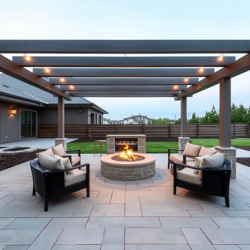 A modern pergola with a sleek design, featuring a concrete paver floor and a fire pit.