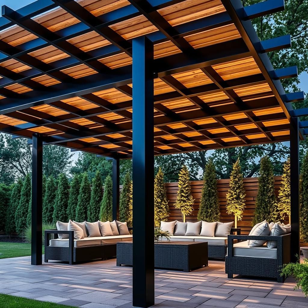  Sleek and modern pergola design featuring a black metal frame and integrated seating, creating a stylish and functional outdoor living space.