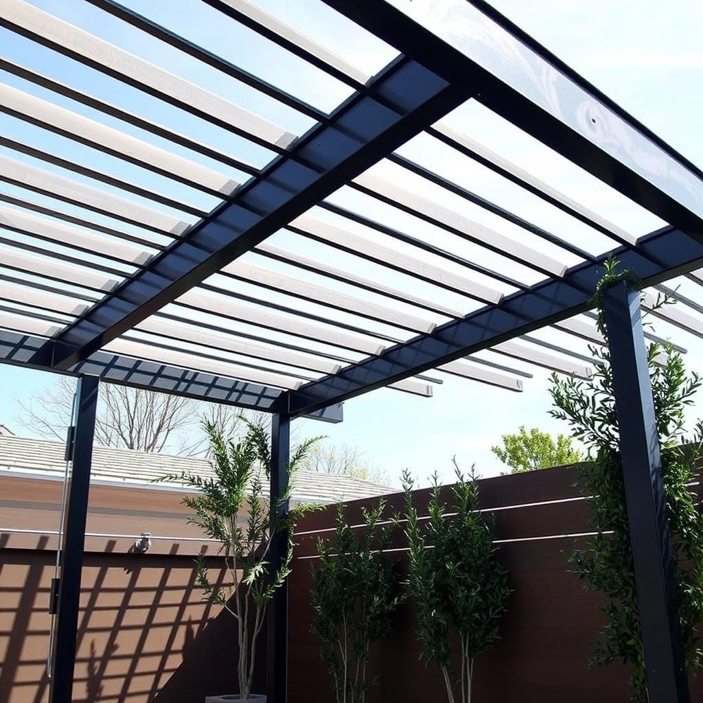 A sleek, modern pergola with minimalist metal framework, adorned with strategically placed evergreen climbers for a touch of greenery.