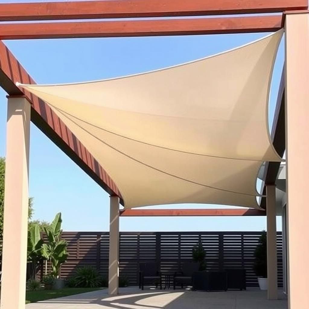 A contemporary pergola with sleek waterproof shade sails providing shade