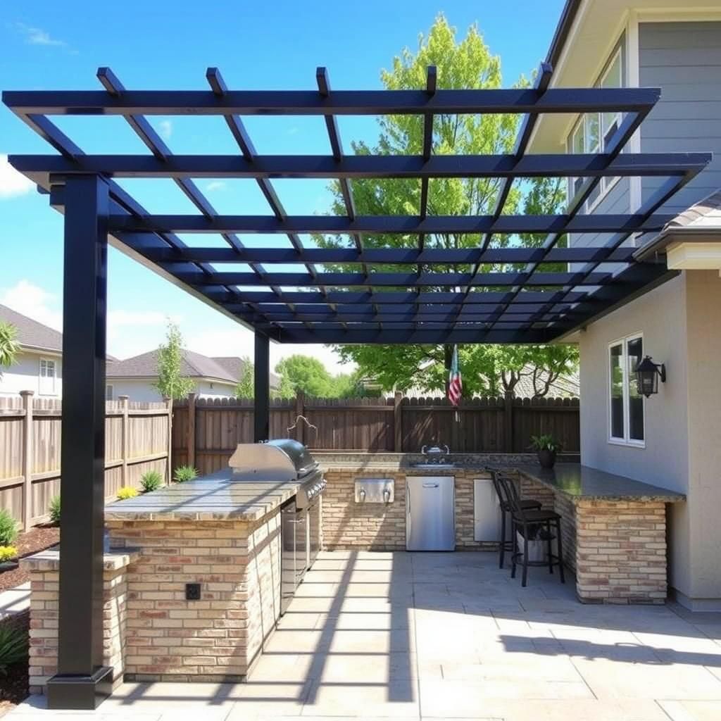 Modern Steel Pergola with Outdoor Kitchen