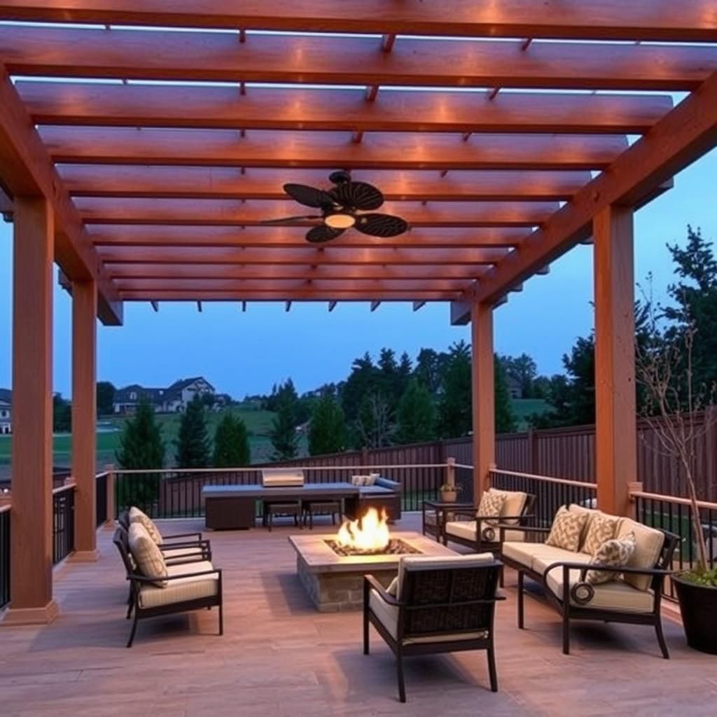 Multi-level pergola with a fire pit area