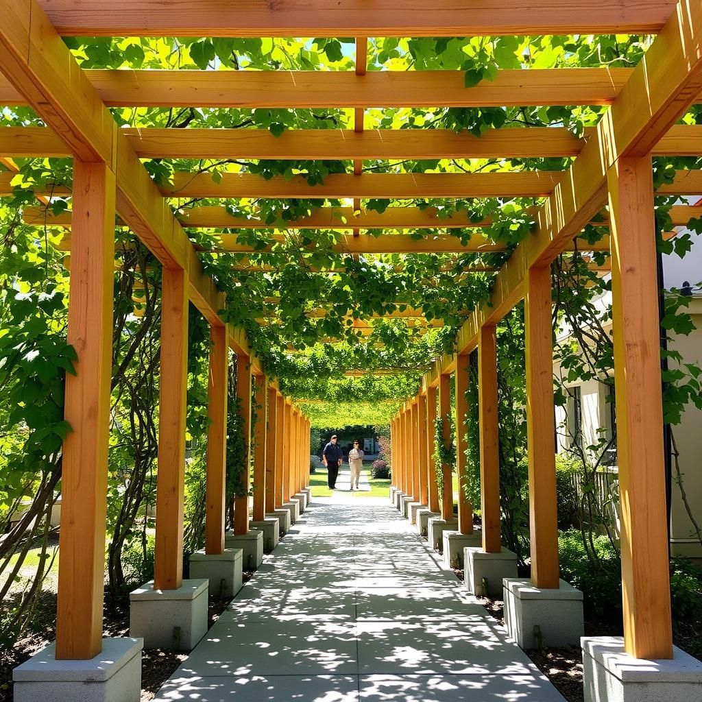 Open pergola adorned with lush greenery