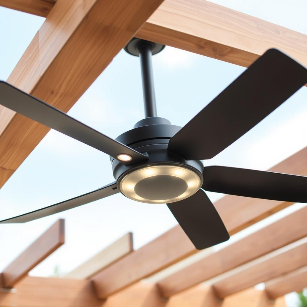 Modern outdoor ceiling fan with light fixture installed in a pergola.