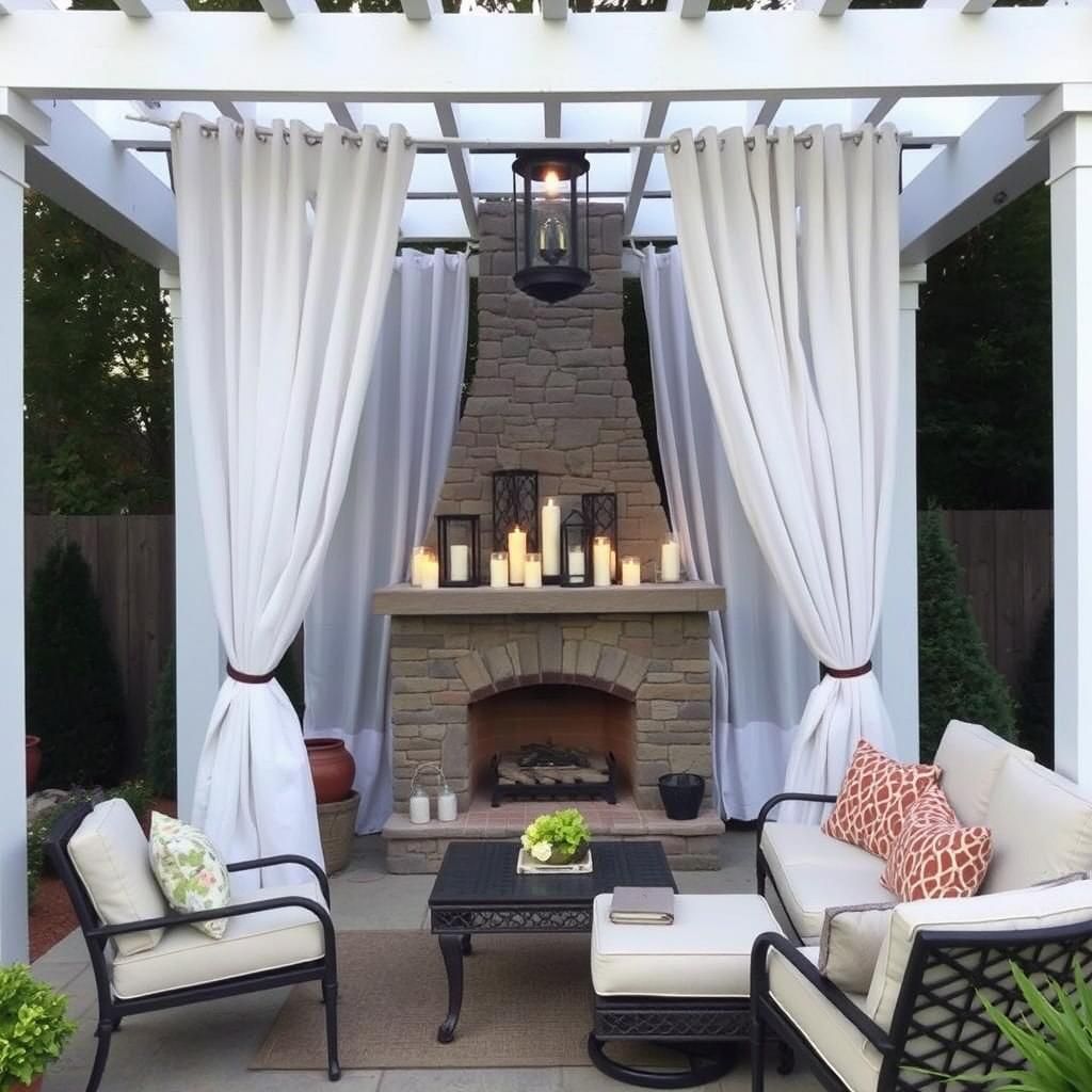 Outdoor curtains enclosing a pergola with a fireplace