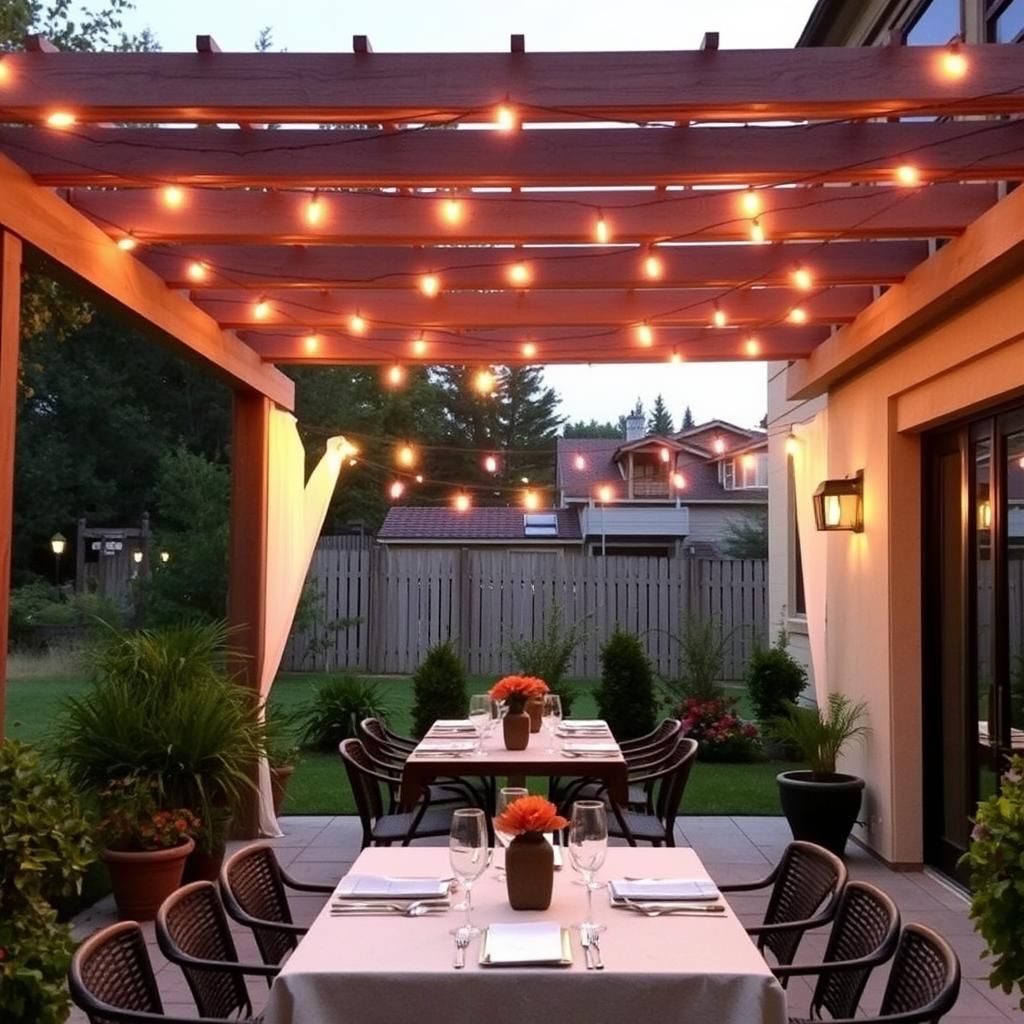 Outdoor Dining Area Under Pergola with String Lights