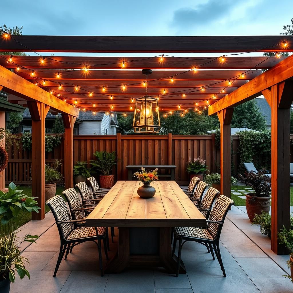 Outdoor Dining Area with Pergola and String Lights