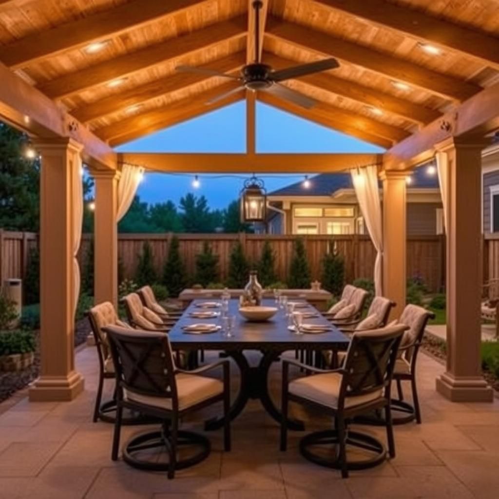 Outdoor dining pergola with lighting