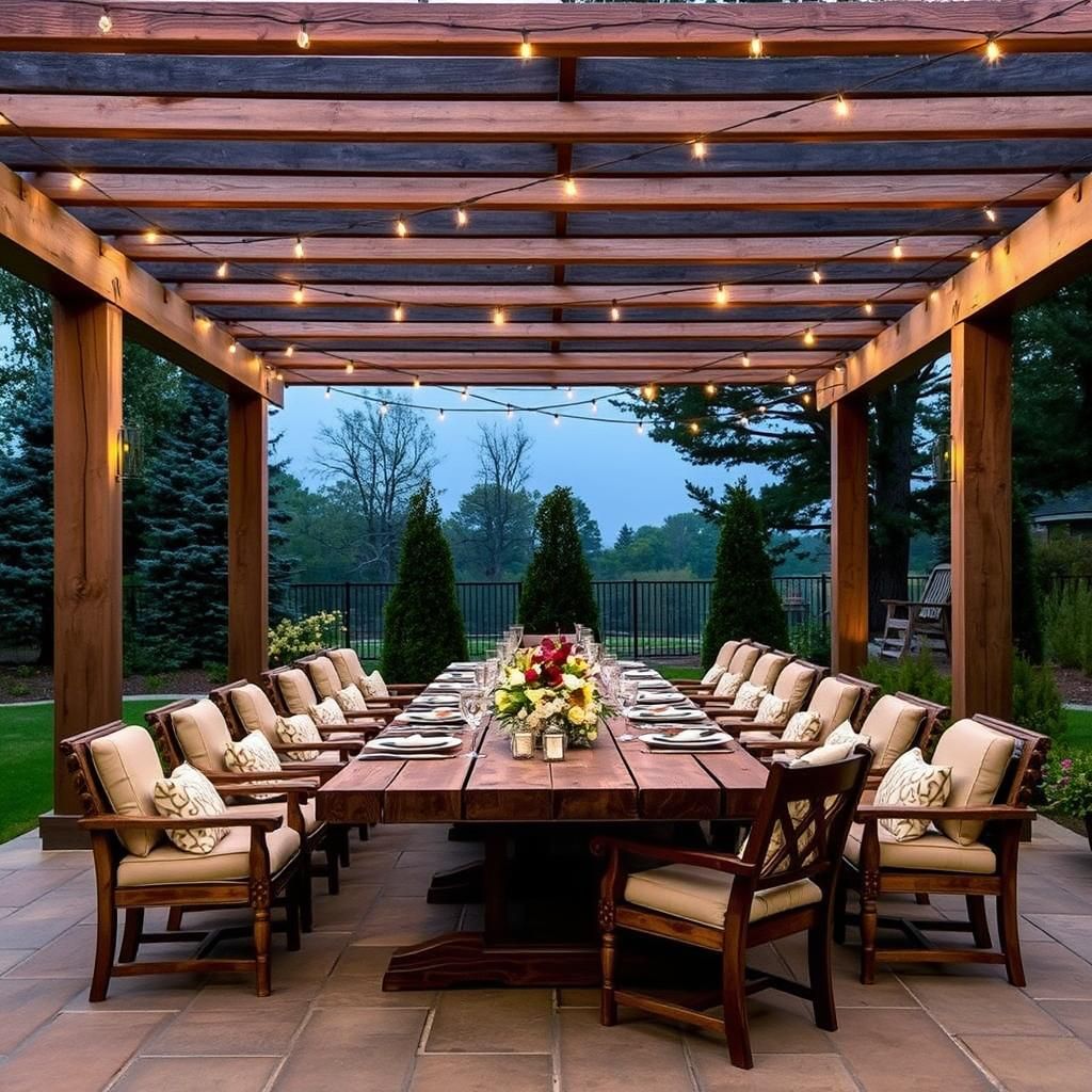 Outdoor dining pergola with a long table and chairs