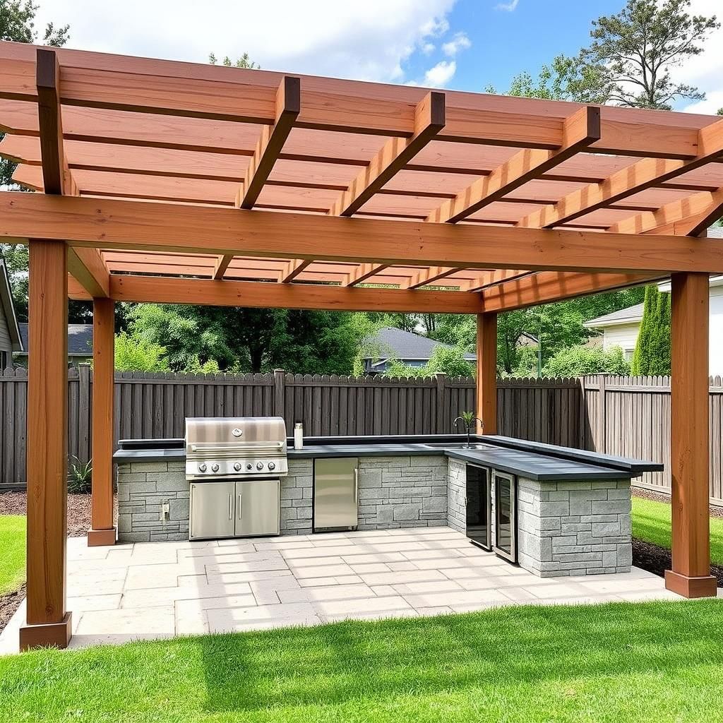 Outdoor kitchen with pergola and grill