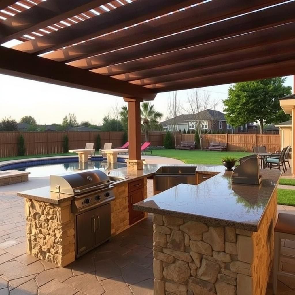 Outdoor kitchen pergola above-ground pool