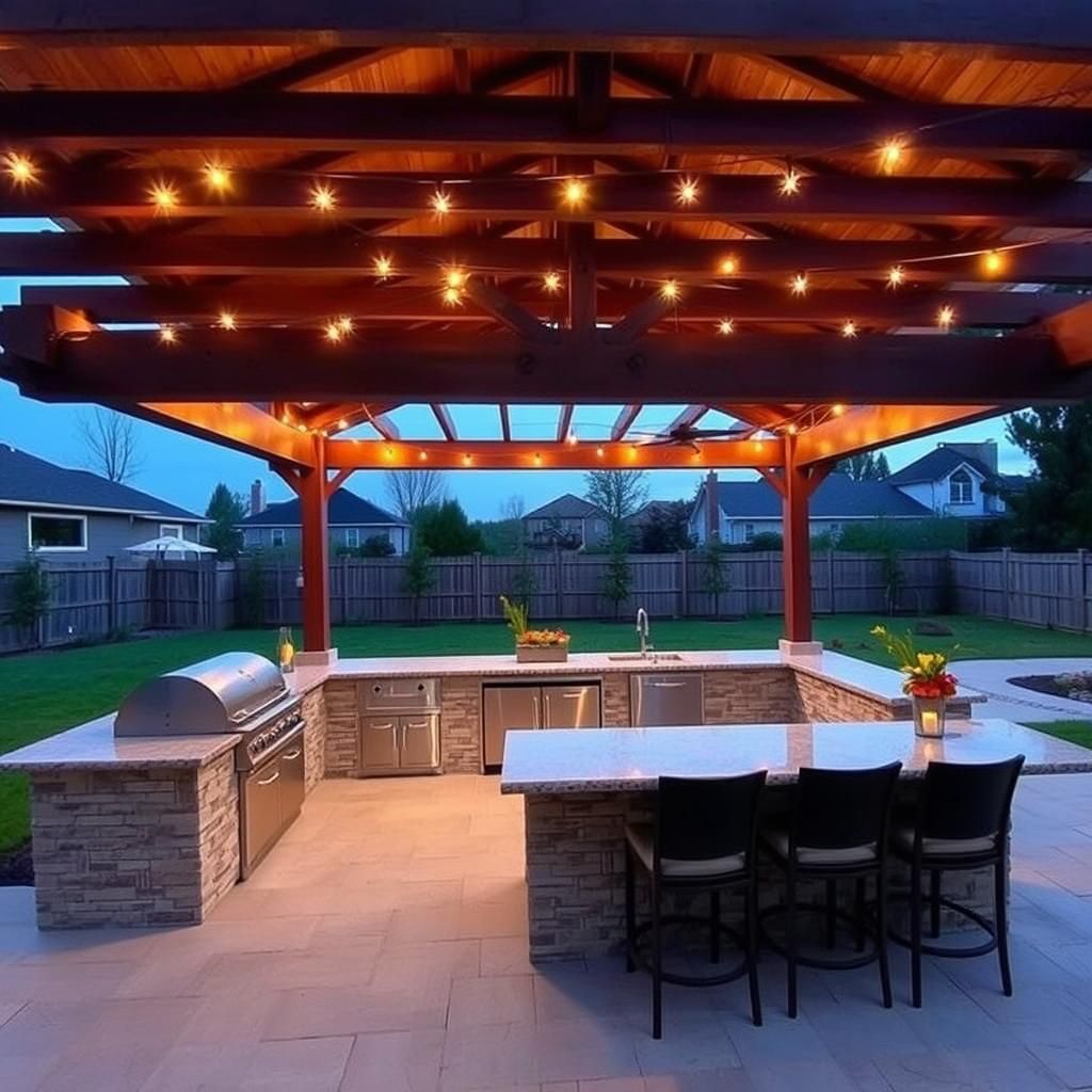 Outdoor kitchen with pergola at night 