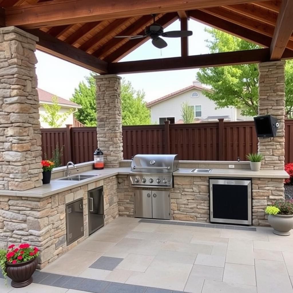 Outdoor Kitchen Pergola with Stone BBQ Grill