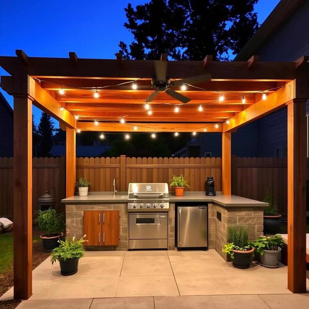 Outdoor Kitchen Under Pergola on Concrete Patio