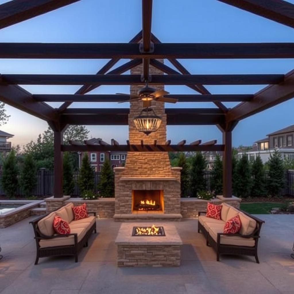 Outdoor living room under pergola with fireplace