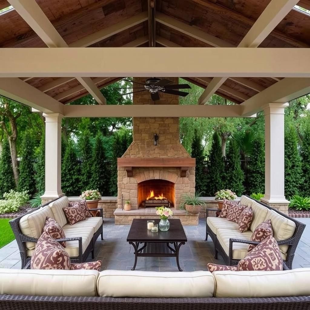 An inviting outdoor living room with a stone fireplace, situated beneath a pergola and surrounded by lush greenery.