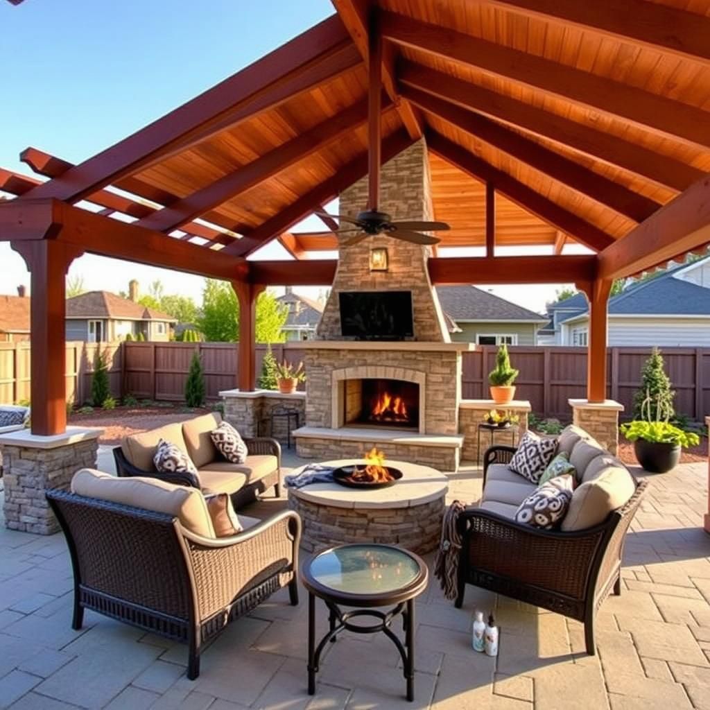 Outdoor Living Space With Pergola and Fireplace