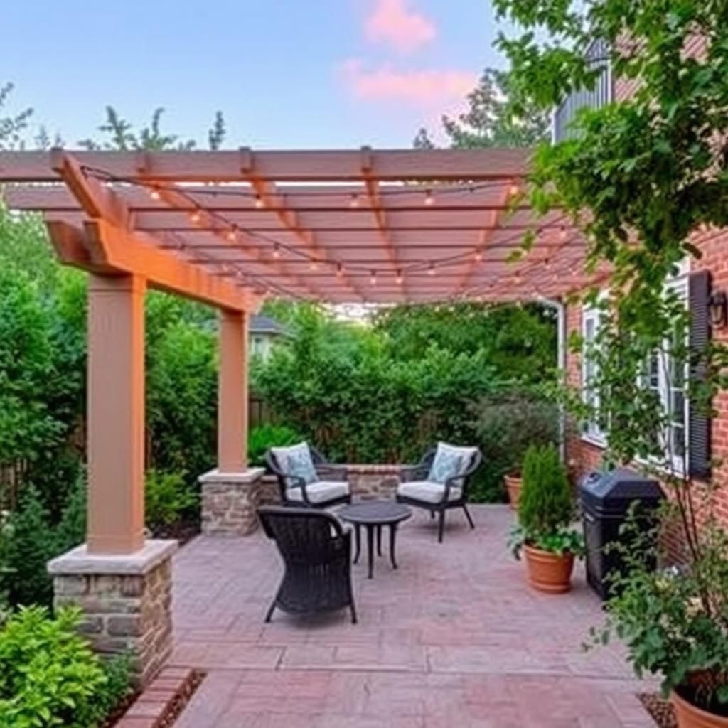 outdoor patio pergola with lighting and greenery