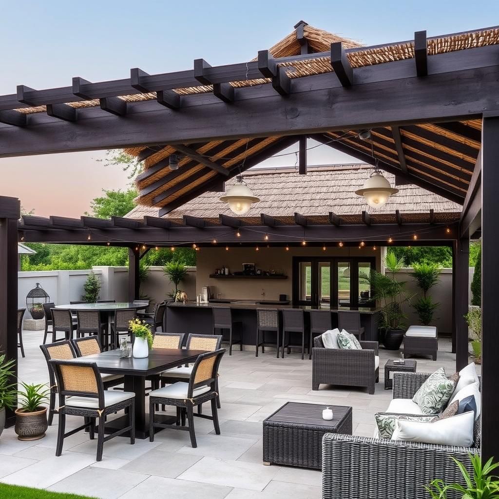 Outdoor pergola bar with seating area