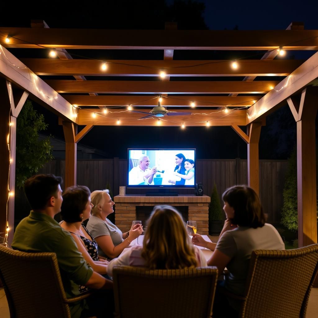 Family enjoying movie night in pergola