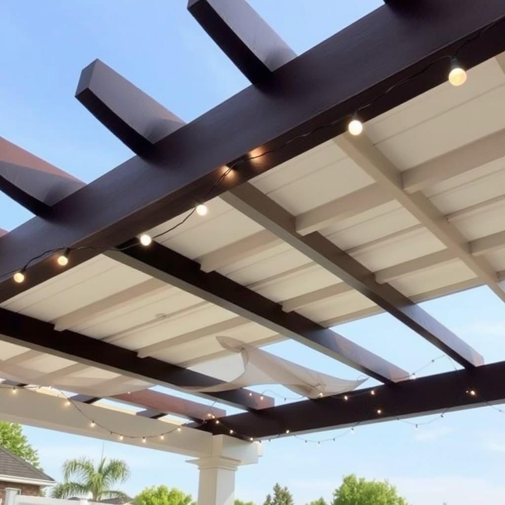 A modern outdoor pergola illuminated by string lights