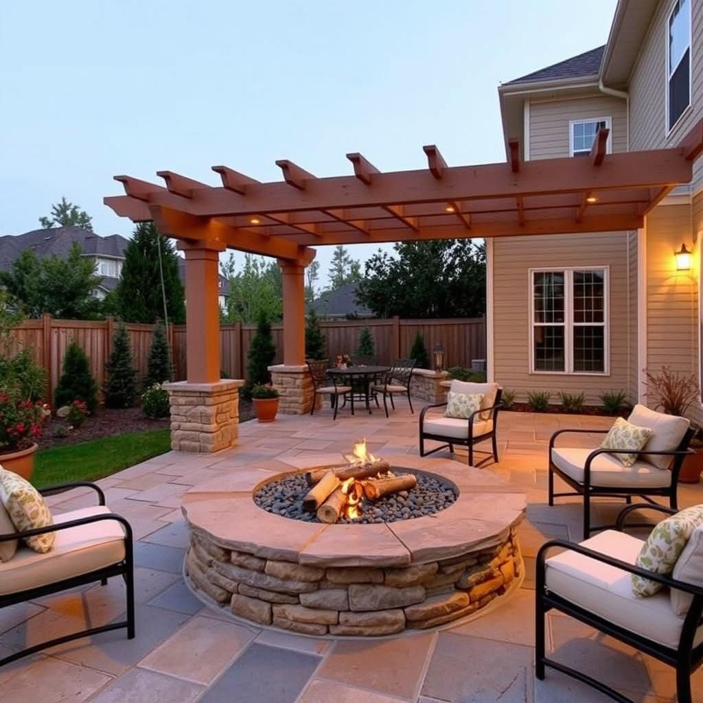 Patio with Firepit and Pergola Design