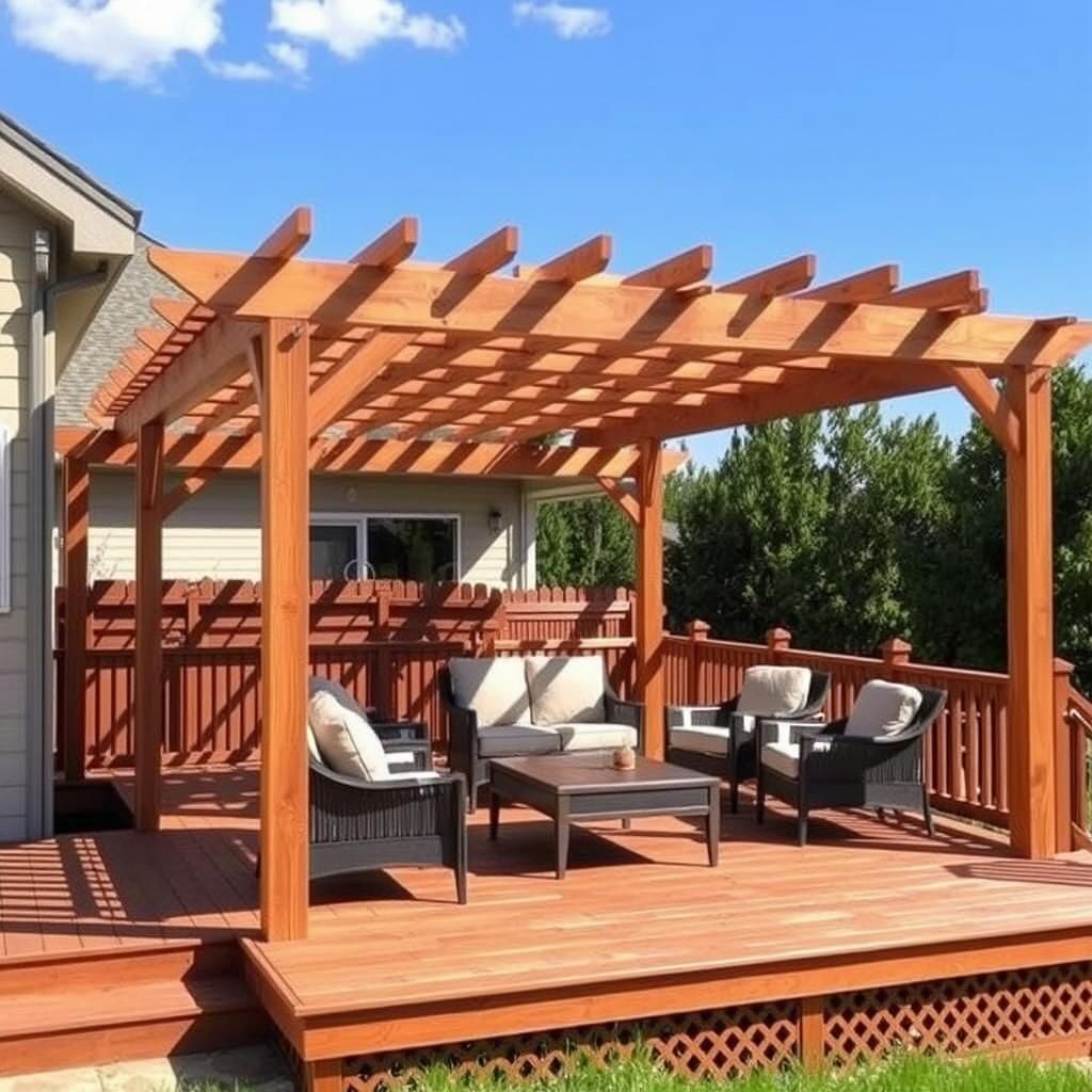 Pergola attached to deck with outdoor furniture