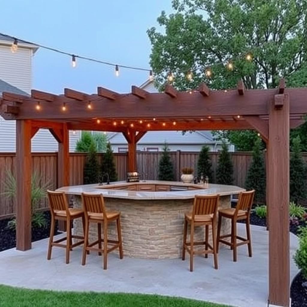 Pergola bar with stone countertop and bar stools