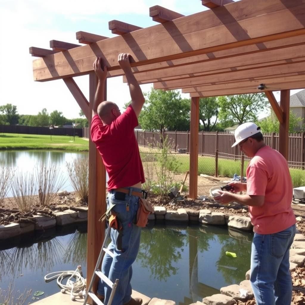 Workers constructing a pergola over a pond