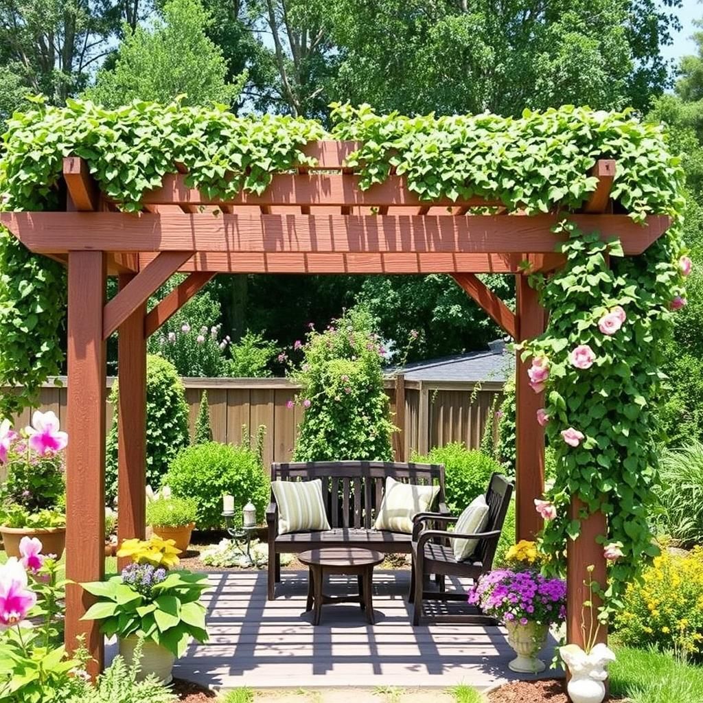 Pergola Covered in Greenery with Outdoor Seating Area